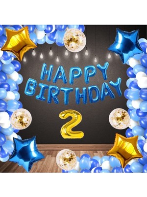 Best Parti Mavi Happy Bırthday Folyo Gold Rakam Balon Seti Yaş 2