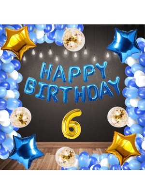Rönesans Parti Mavi Happy Bırthday Folyo Gold Rakam Balon Seti Yaş 6