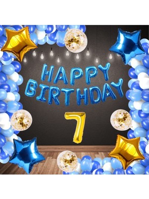 Rönesans Parti Mavi Happy Bırthday Folyo Gold Rakam Balon Seti Yaş 7
