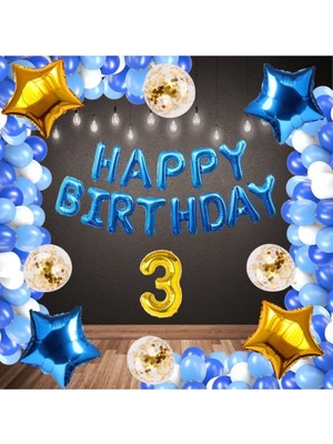 Bal10 Dünyası Mavi Happy Bırthday Folyo Gold Rakam Balon Seti Yaş 3