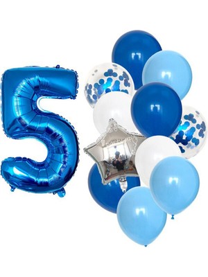 Bal10 Dünyası Mavi Rakam Balon Pullu Şeffaf Balon Seti Yaş 5