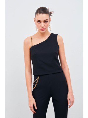 Sateen Zincir Askı Detaylı Crop Bluz - Siyah