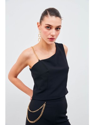 Sateen Zincir Askı Detaylı Crop Bluz - Siyah