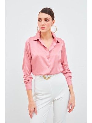 Sateen Gömlek Yaka Saten Bodysuit Bluz - Pudra