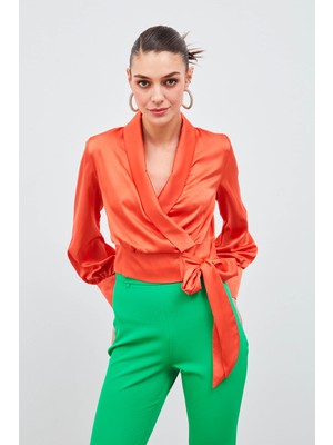 Sateen Kruvaze Saten Bluz - Oranj