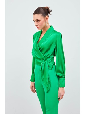 Sateen Kruvaze Saten Bluz - Yeşil