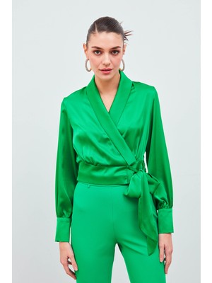 Sateen Kruvaze Saten Bluz - Yeşil