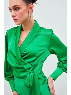 Sateen Kruvaze Saten Bluz - Yeşil