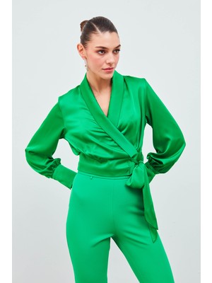 Sateen Kruvaze Saten Bluz - Yeşil