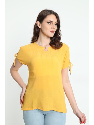Ella Camelia Kadın Yaka ve Kol Detaylı Desenli Bluz 19E008 Sarı