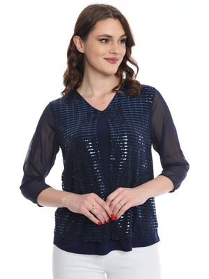 Ella Camelia Kadın Kolları Tül Detaylı Bluz 19E040 Lacivert