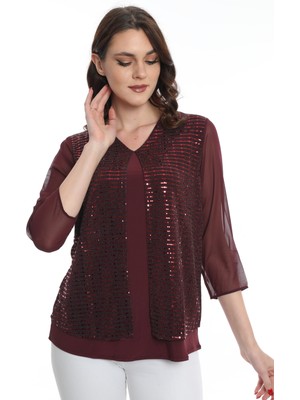 Ella Camelia Kadın Kolları Tül Detaylı Bluz 19E040 Bordo