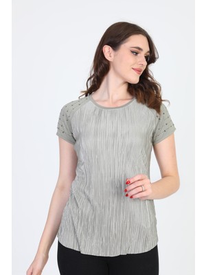 Ella Camelia Kadın Omzu Taş Detaylı Desenli Bluz 18E013 Haki