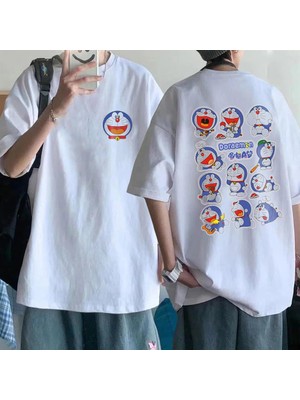 Touz Moda  Doraemon Collage Sırt Baskılı Beyaz Unisex Oversize T-Shirt