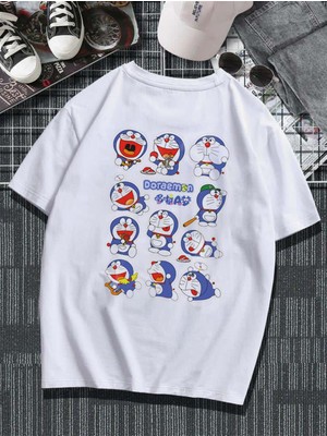 Touz Moda  Doraemon Collage Sırt Baskılı Beyaz Unisex Oversize T-Shirt