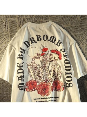 Touz Moda  Skulls In Love & Roses Sırt Baskılı Beyaz Unisex Oversize T-Shirt