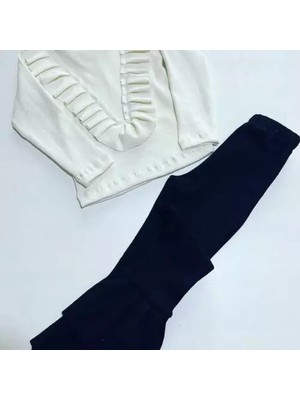 Özge Başaran Kız Çocuk Siyah Krem Ispanyol Paça Tayt ve Önü Fırfırlı Body Takımı