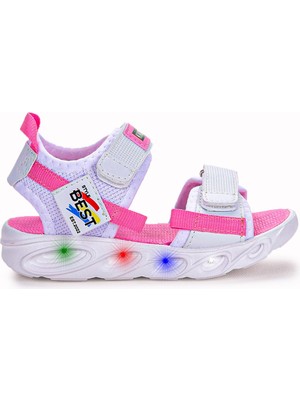 Kiko Kids 100 Işıklı Günlük Kız/erkek Çocuk Cırtlı Sandalet Ayakkabı Beyaz - Pembe