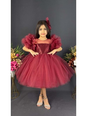 Mnk Baby & Kids Mnk Baby Şifon Robalı Ponpon Kol Pul Payetli Kız Çocuk Kabarık Etek Tütülü Abiye