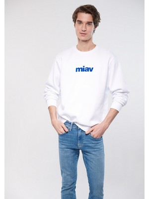 Mavi Erkek Miav Baskılı Bisiklet Yaka Beyaz Sweatshirt 0610925-620