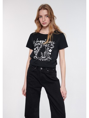 Mavi Kadın Kedi Baskılı Siyah Tişört 1611196-900