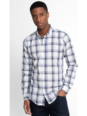 Tudors Slim Fit Uzun Kol Kareli Yaka Düğmeli Ketenli Erkek Gömlek