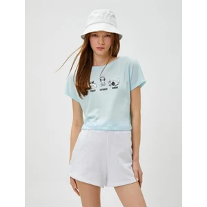 Crop Tişört Baskılı Bisiklet Yaka Kısa Kollu