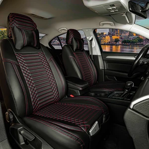 Nissan Skystar Lüx Full Deri Oto Koltuk Kılıfı Ön Arka Takım (Giydirme Tip) Siyah Kırmızı