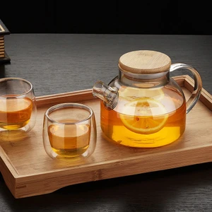 Senin Dükkanın 900 ml Bambu Kapaklı Isıya Dayanıklı Cam Bitki Çayı Demliği Cam Sürahi