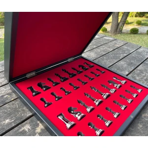 Kişiye Özel Ahşap Mermer Desenli Satranç Takımı, Metal Siyah-Gümüş Satranç Taşlı Satranç Tahtası Takımları