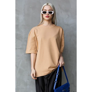 Bej Bisiklet Yaka Basic Oversize T-Shirt MG1687