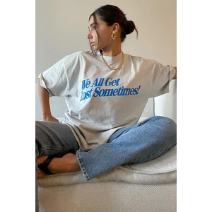 Beyaz Baskılı Oversize Tişört MG1532