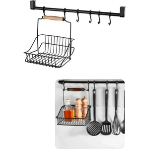 Ferforje Sepet 20*20 + Duvar Rayı 6 Kancalı Askılık Siyah 50CM