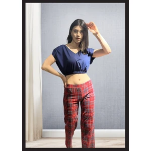Kadın Kırmızı Ekoseli Pijama Takımı Yeni Model Seksi Ev Kıyafeti