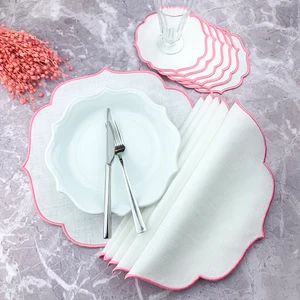 Pembe Renkli Nakışlı 12 Parça Set Amerikan Servis ve Kokteyl Peçetesi