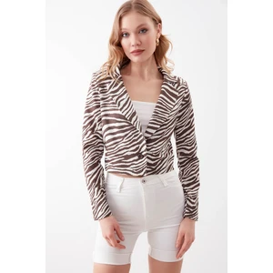 Zebra Desen Tek Düğme Crop Ceket