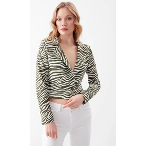 Zebra Desen Tek Düğme Crop Ceket