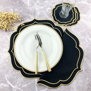Siyah Renkli Gold Çift Sargı Nakışlı 4 Parça Set Amerikan Servis ve Kokteyl Peçetesi