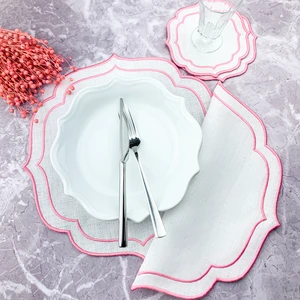 Pembe Renkli Çift Sargı Nakışlı 4 Parça Set Amerikan Servis ve Kokteyl Peçetesi