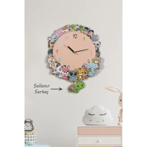Elfida Design 3 Boyutlu Sevimli Hayvanlar Sarkaçlı Çocuk Odası Ahşap Duvar Saati