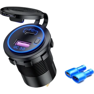 Araba Motosiklet Gemi Modifiye USB Şarj Su Geçirmez Pd + Qc3.0 Hızlı Şarj, Model: Terminali ile Mavi Işık (Yurt Dışından)