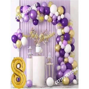 Çıtı Pıtı Store 0-9 Yaş Macaron Mor Balon Zinciri Seti Gölge Mor Altın Balon Dekorasyon