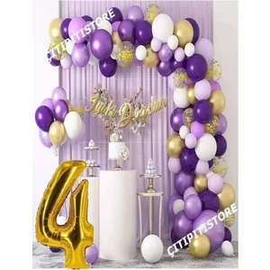 Çıtı Pıtı Store 0-9 Yaş Macaron Mor Balon Zinciri Seti Gölge Mor Altın Balon Dekorasyon