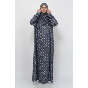 Pratik Tek Parça Çiçek Desenli Kollu Tak Çıkar Başörtülü Likralı Tesettür Namaz Elbisesi 990-0210