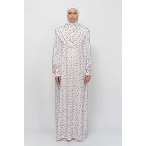 Pratik Tek Parça Çiçek Desenli Kollu Tak Çıkar Başörtülü Likralı Tesettür Namaz Elbisesi 990-0201