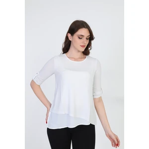 Ella Camelia Kadın Asimetrik Tül Detaylı Bluz 042 Ekru