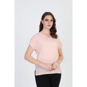 Ella Camelia Kadın Yakası Dantel Detaylı Bluz 20E020 Pudra