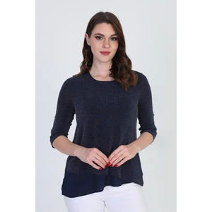 Ella Camelia Kadın Asimetrik Tül Detaylı Bluz 042 Lacivert