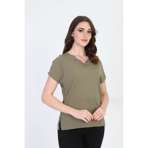 Ella Camelia Kadın Yakası Dantel Detaylı Bluz 20E020 Haki