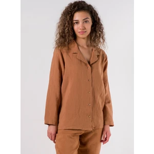 Lino Keten Gömlek Pijama Taba Rengi